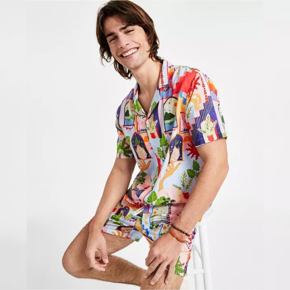 Native Youth Corbero Print Short Sleeve Casual Button Down Camp Shirt Men's S